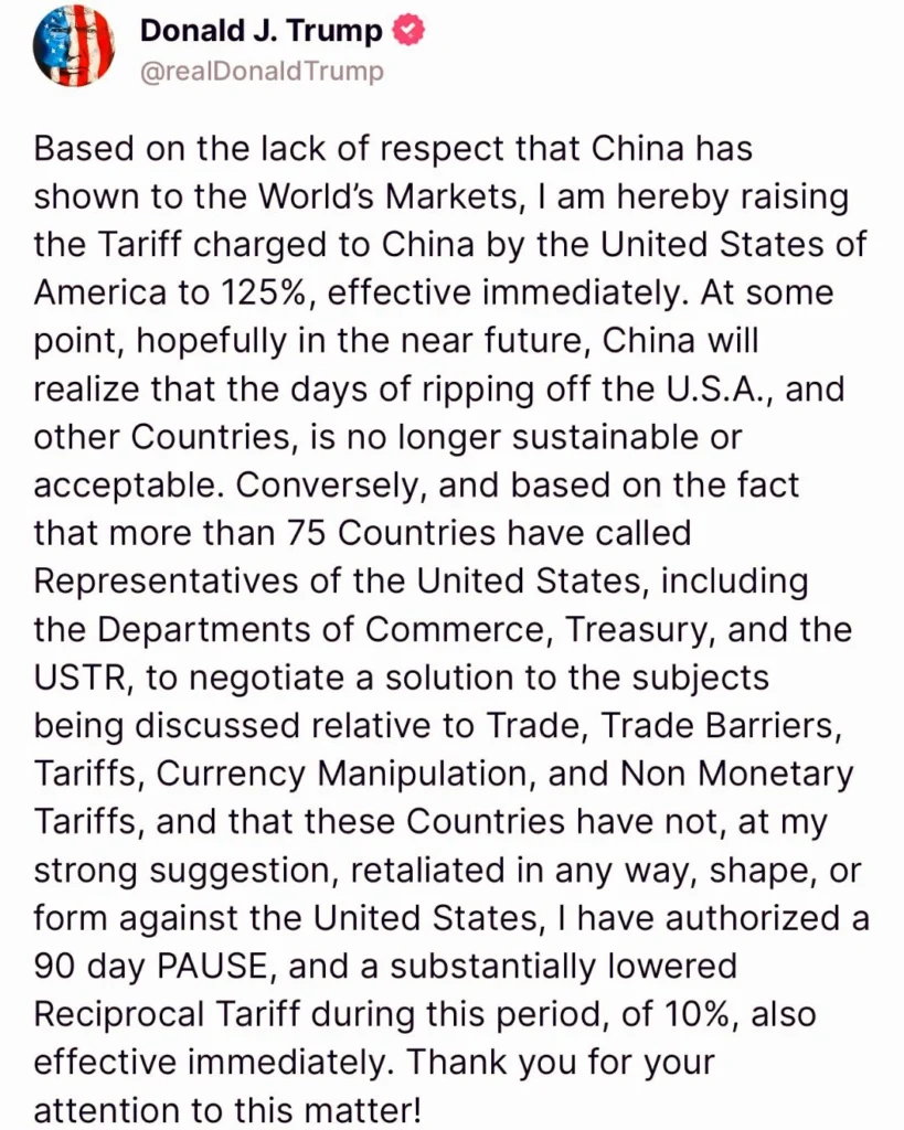 Trump Pauses Tariffs for 90 Days, Then Slaps China with 125% Duties India Stands to Gain as Global Markets Soar, Gold Jumps 3.7%