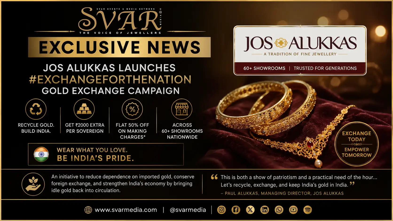 Jos Alukkas Launches #ExchangeForTheNation Gold Exchange Campaign to Promote Gold Recycling in India