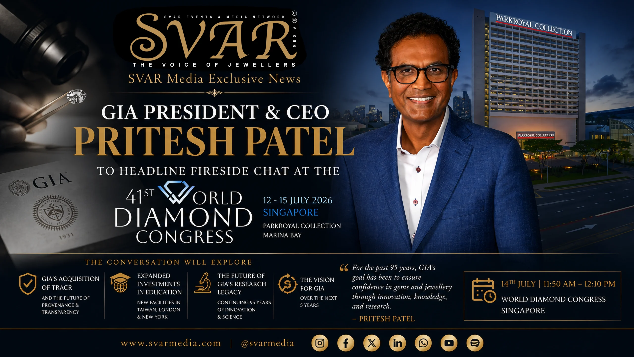 GIA President and CEO Pritesh Patel to Headline Exclusive Fireside Chat at the 41st World Diamond Congress in Singapore