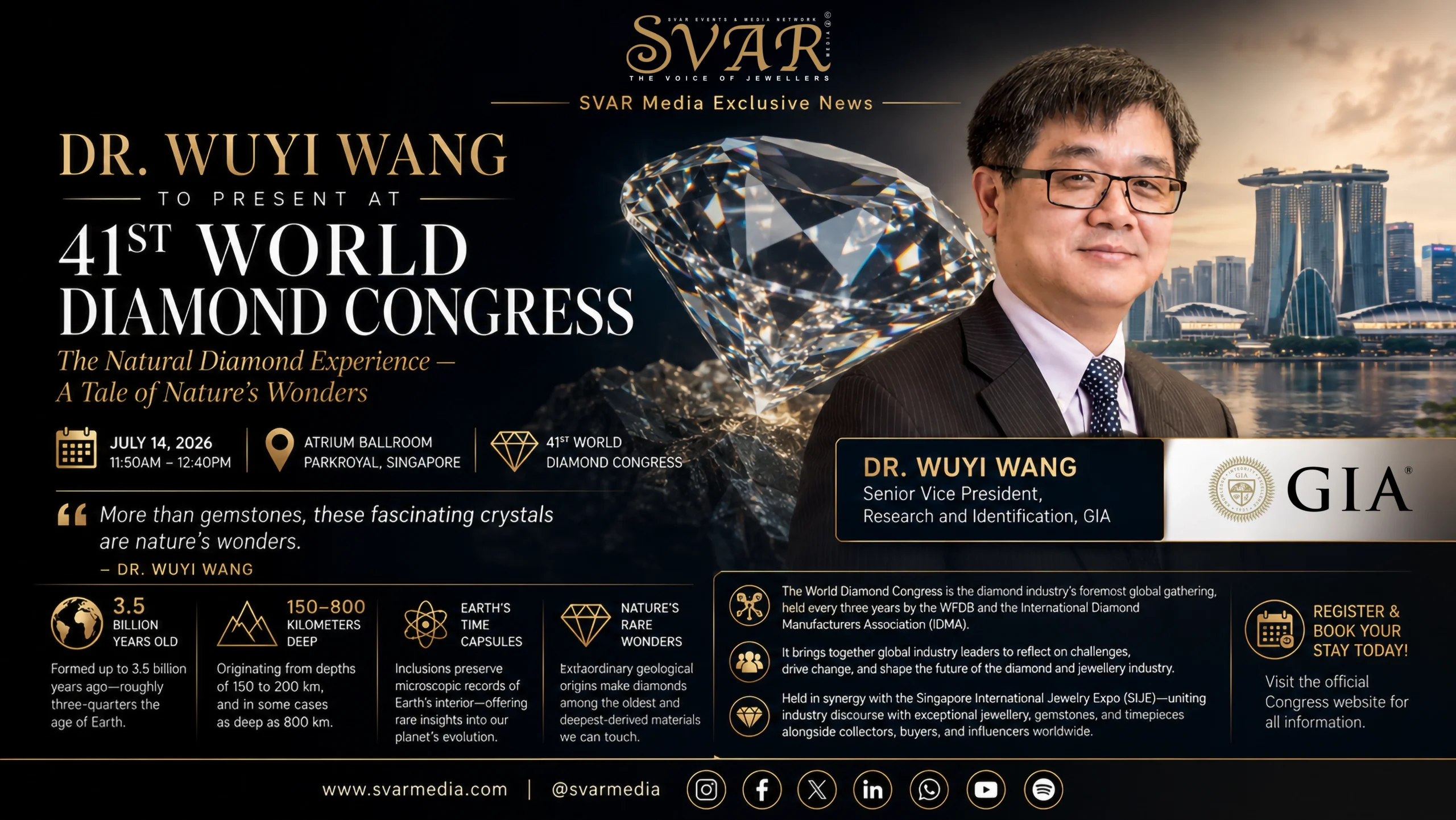 GIA’s Dr. Wuyi Wang to Present “The Natural Diamond Experience” at the 41st World Diamond Congress 2026 in Singapore