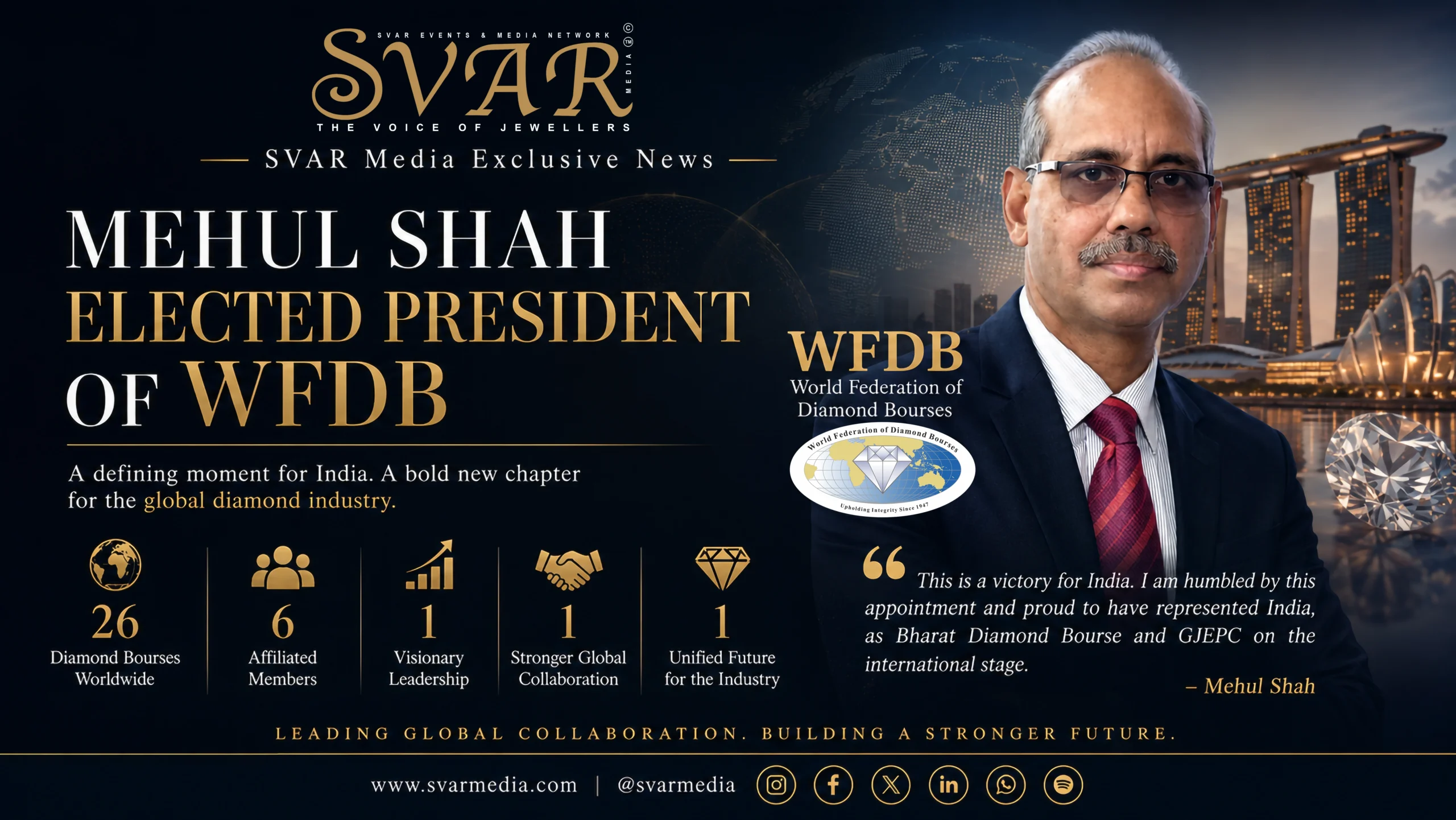 Mehul Shah Elected President of WFDB at World Diamond Congress Singapore | Global Diamond Industry