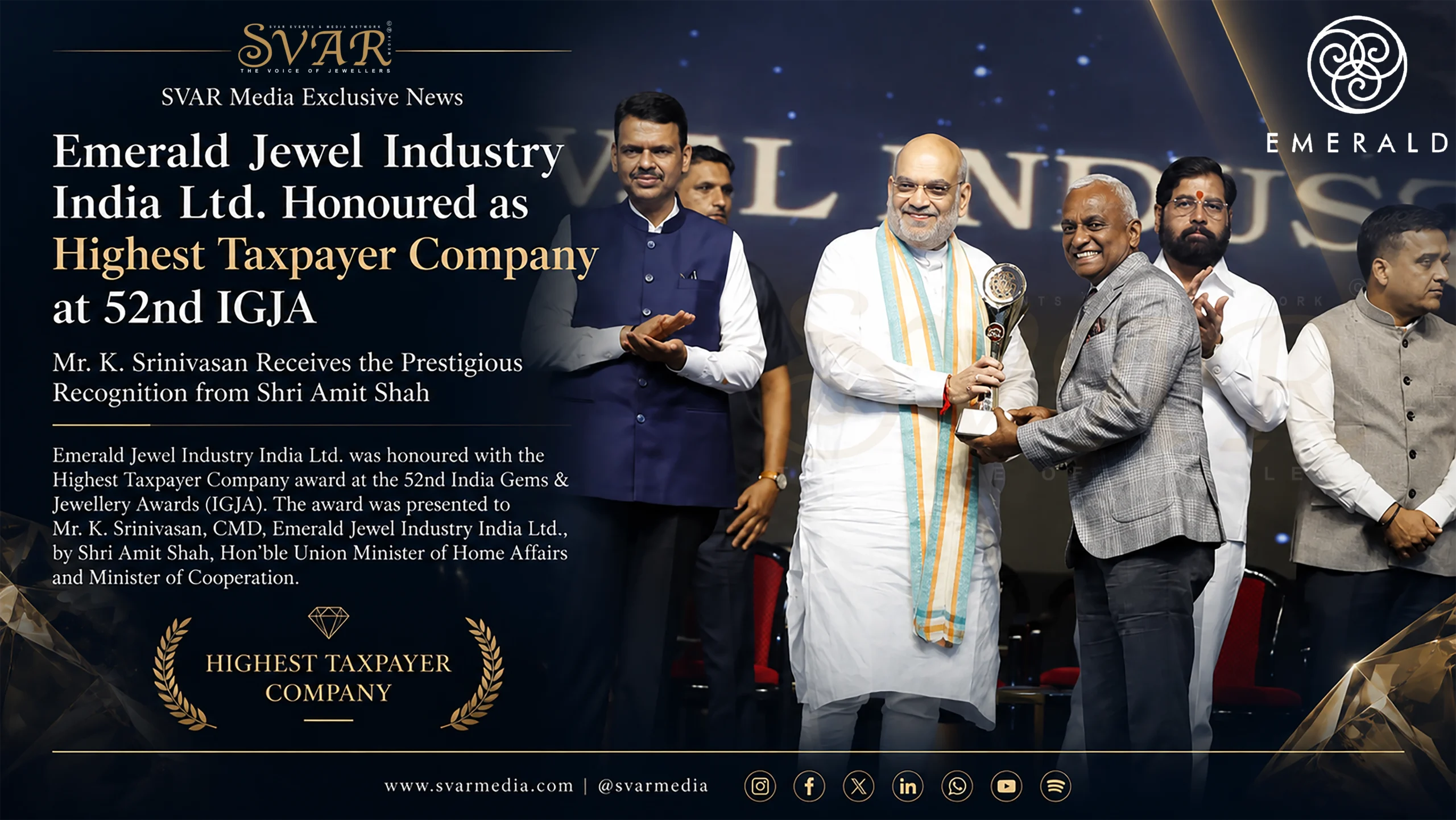 Emerald Jewel Industry India Ltd. Honoured as Highest Taxpayer Company at 52nd IGJA