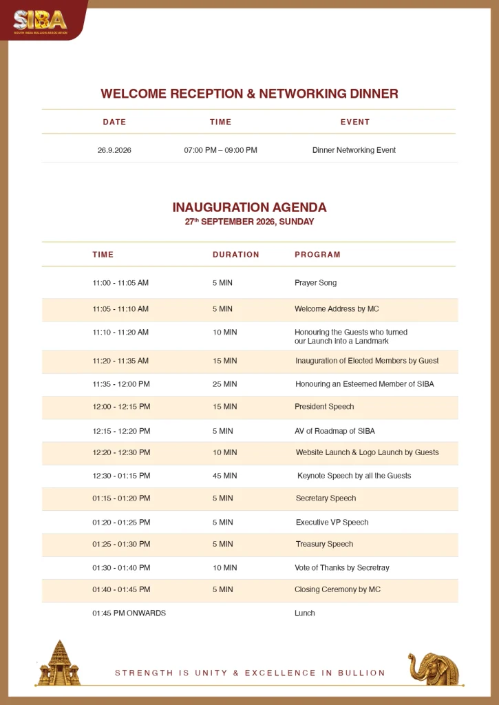 South India Bullion Association to Launch and Inaugurate Newly Elected Team