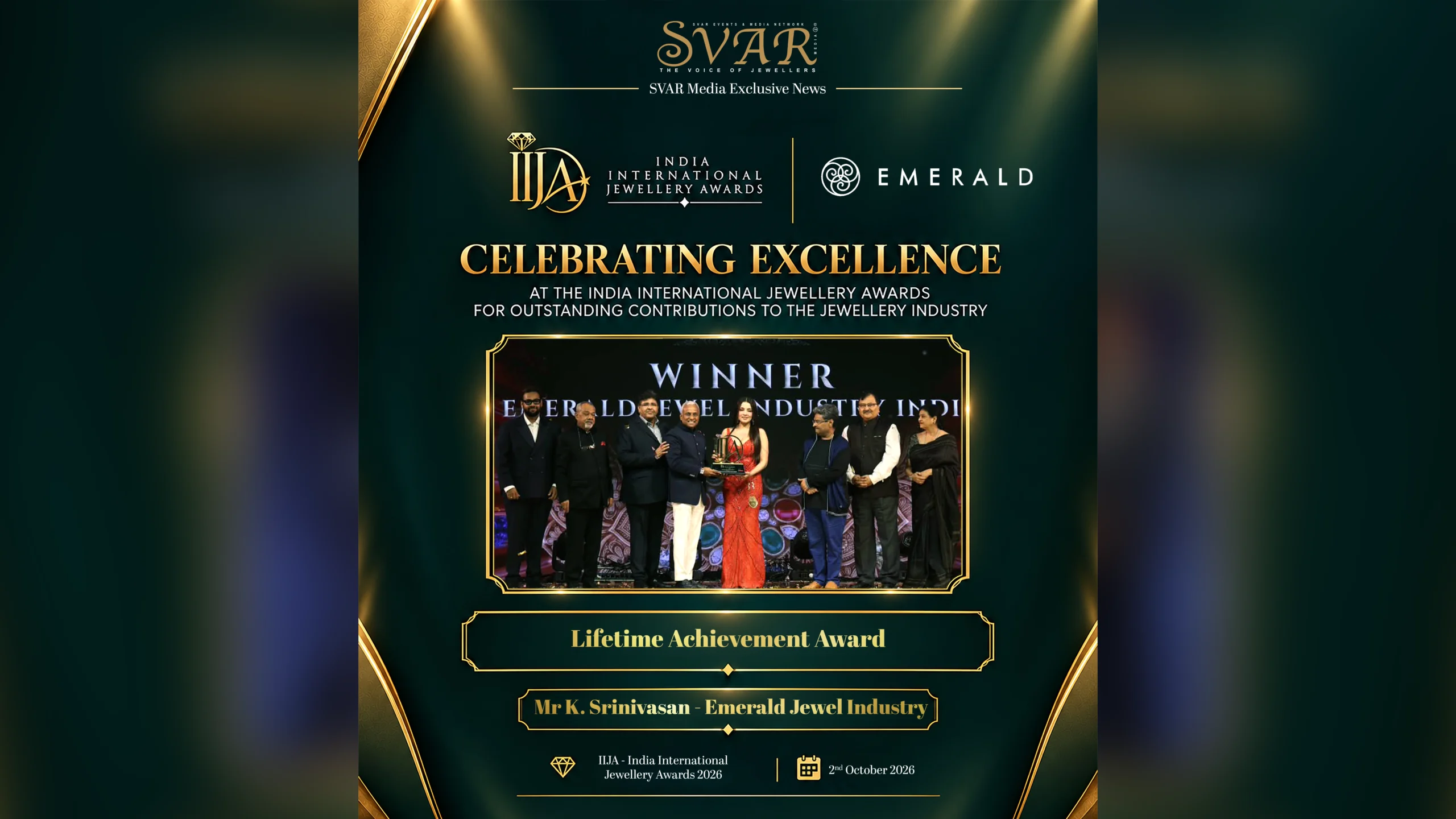 K. Srinivasan of Emerald Jewel Industry Honoured with Lifetime Achievement Award at IIJA 2026